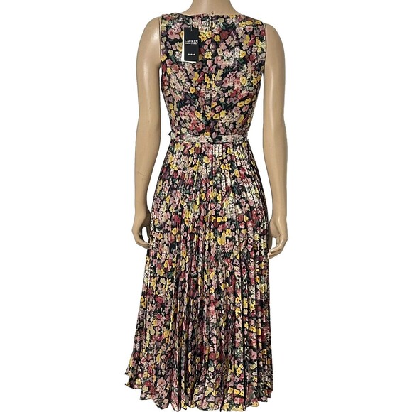 NWT Ralph Lauren Black Label Pleated Metallic Floral Dress Size 2 Jacquard - Picture 3 of 15